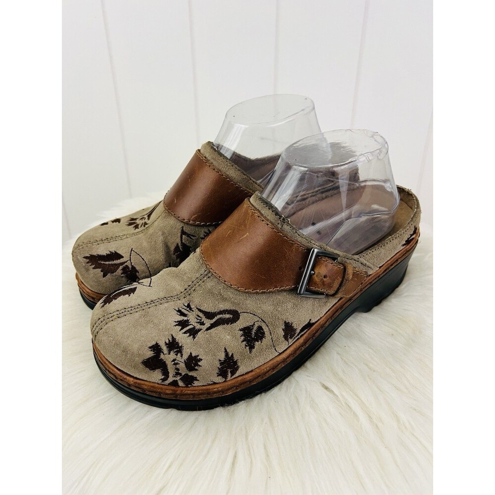 Klogs Austin Beige Taupe Tapestry Suede Leather Floral Leaf Comfort Clogs 8.5M